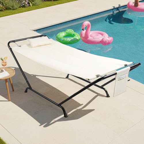 ONCLOUD Iron Hammock with Stand, Hammock Stand with Double-Layer Oxford Cloth Hammock, Portable Heavy-Duty Hammock for Outdoors, Garden, Patio, Yard, 550lbs (Beige) - color: Beige