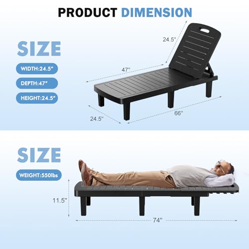 WACASA Outdoor Chaise Lounge Chairs Set of 2, Oversized Lounge Chairs with 5-Level Adjustable Backrest & Cup Holder, Resin Waterproof Pool Lounge Chair for Poolside, Patio, Beach, Yard, Black - color: Black, size: Set of 2