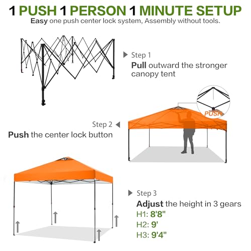 Tunbne 10'x10' Pop Up Canopy Tent with 1 Sidewall and 6 Pockets, One Push Setup, Instant Shade Tent with Vented Roof for Beach Patio Outdoor, Case, 8 Stakes, 4 Ropes, 4 Sandbags (Orange, 10x10) - color: Orange, size: 10x10