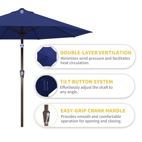 Kingdura 9FT Outdoor Patio Umbrella, Market Table Umbrella with Push Button Tilt & Crank, 8 Sturdy Ribs, UV Protection for Garden Lawn Deck Backyard Pool (Navy blue) - color: Blue, size: 9 Ft