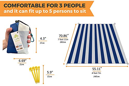 Pocket Blanket 71"x55", Lightweight Compact Sandproof Waterproof Outdoor Blanket for Beach, Hiking, Camping, Travel, Festivals, Picnic with Pockets, Loops, Stakes, Carabiner - color: White Blue