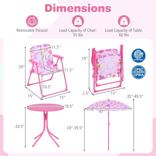 KOTEK Kids Picnic Table with Umbrella, Outdoor Table & 2 Folding Chairs, Cute Pattern Children’s Patio Furniture, Portable Kids Table and Chair Set for Backyard, Garden, Beach (Pink Flower) - color: Pink Flower