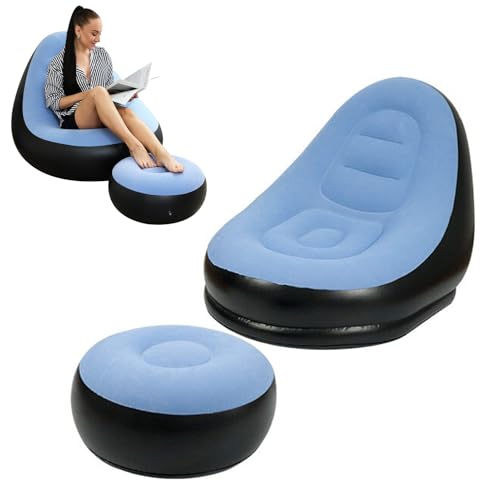 Inflatable Lounge Sofa with Foot Stool,Portable Flocking Recliner Chair Air Couch for Adult,PVC Blow Up Lounger Chair for Home Outdoor (Blue(No Pump)) - color: Blue(no Pump)