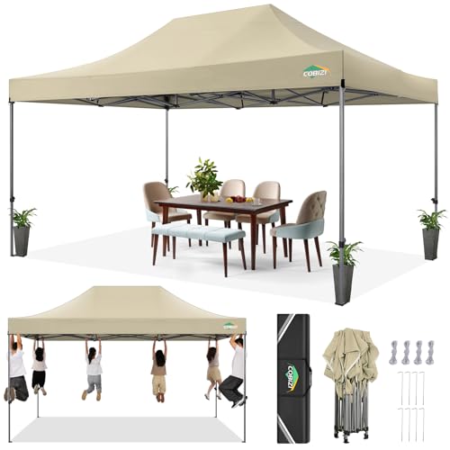 COBIZI 10x15 Heavy Duty Pop up Canopy Tent Easy Up Commercial Outdoor Canopy Wedding Party Tents for Parties All Season Wind & Waterproof Gazebo with Carry Bag, Khaki(Frame Thickened) - color: Khaki, size: 10x15 Without Sidewalls
