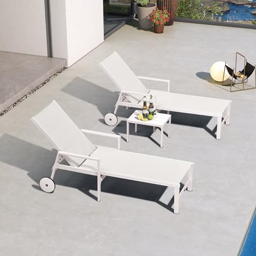 PURPLE LEAF Lounge Chair Outdoor Set 2 Pieces White Aluminum Chaise Lounge with Armrest and Wheels for Pool Deck Patio, Ivory - color: Ivory, style: Straight-leg w/ Armrest