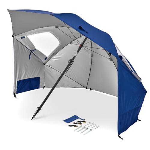Sport-Brella Premiere UPF 50+ Umbrella Shelter with Patented Side Panels and Tilt Mechanism, Heavy-Duty 1.25 Inch Center Pole, Auger Anchor for Sand and Grass - color: Bright Blue, style: REG