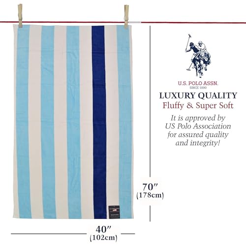 U.S. Polo Assn. Oversized (40” x 70”) Striped Nautical Design Beach Towel - Luxury Plush Cotton Hotel Quality for Bath, Pool - Cabana Stripe Aqblue/Navy - color: Cabana Stripe Aqblue/Navy, size: 40" x 70"