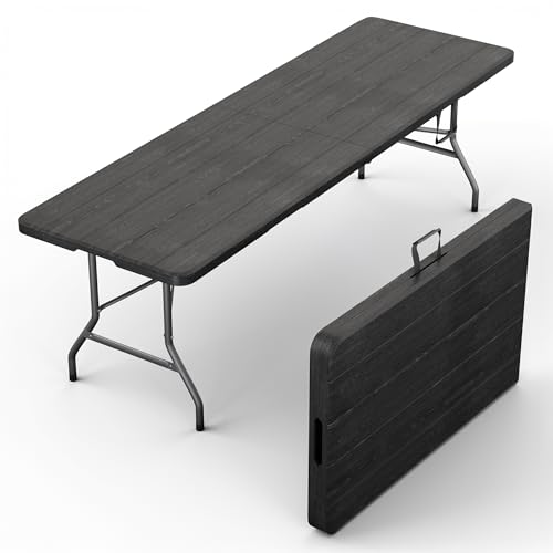 Our Modern Space 8 Feet Foldable Table with Built in Handle & Steel Legs | Heavy Duty Portable | Perfect for Party, Dining, Wedding, Events, Picnic Indoor, Outdoor, Camping, Utility, Temporary - color: Black, size: 8 Ft