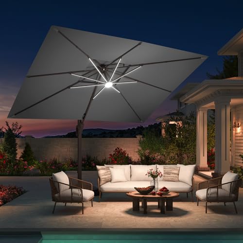 10 X 13 FT Cantilever Patio Umbrella with Base Included & Led Lights Outdoor Rectangle Offset Large Double Top Heavy Duty Umbrellas 360°Rotation for Pool Deck Backyard Garden, Gray - color: Gray, size: 10×13 FT with Base