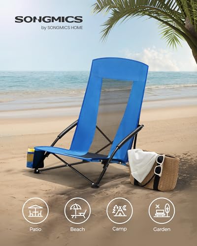 SONGMICS Set of 2 Portable Beach Chairs for Adults, Max. Load 330 lb Each, High Backrest, Cup Holder, Lightweight, Heavy-Duty, Blue UGCB067Q02V1 - color: Blue, style: 2 Pack