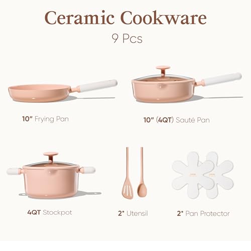 CAROTE Pots and Pans Set Nonstick, Ceramic Cookware Set, Pink Cooking Set Kitchen Induction Set with Steamer, PFAS PTFE Free,9 Piece - color: Pink, size: Stockpot