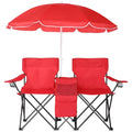 Double Folding Camping Chair W/Umbrella Fold Up Table Beverage Holder Carrying Bag Cooler for Patio Pool Park Outdoor Beach, Picnic, Portable (Red) - color: Red