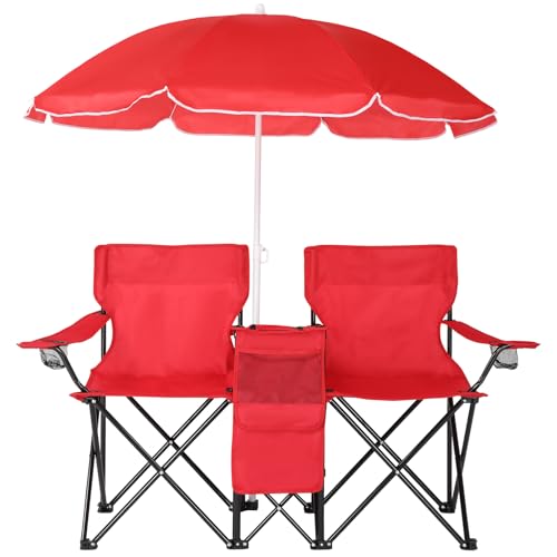 Double Folding Camping Chair W/Umbrella Fold Up Table Beverage Holder Carrying Bag Cooler for Patio Pool Park Outdoor Beach, Picnic, Portable (Red) - color: Red