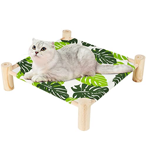 Patas Lague Cat and Dog Hammock Bed for Small Dogs, Brethable Wooden Cat Pet Rabbit Elevated Cooling Outdoor Bed Cots Furniture for Summer Monstera Leaf - color: Monstera Leaf
