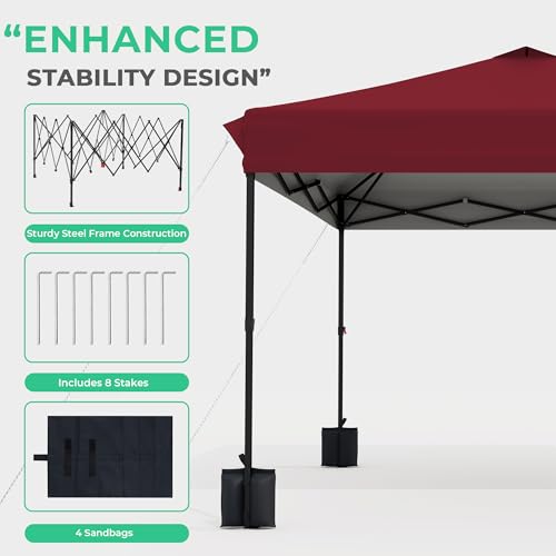 JEAREY 10x10 Pop Up Canopy Tent, Heavy Duty Outdoor Canopy with 1-Push Instant Setup, Commercial Tent with Roller Bag, 4 Sandbags and 8 Stakes, Water-Resistant, Red - color: Red