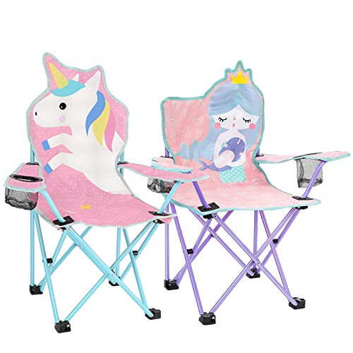 KABOER Kids Outdoor Folding Lawn and Camping Chair with Cup Holder and Carrying Bag, Children's Camping Chairs - color: Unicorn and Mermaid