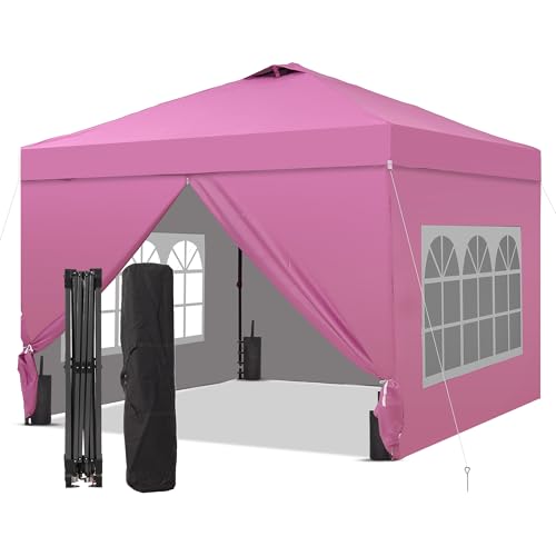 GDY 10x10 Pop Up Canopy Tent with 4 Sidewalls, Easy Set up with One Push Lift Outdoor Silver Coated Beach Gazebos, Carpas with 4 Sandbags, for Outdoor, Parties,Camping, Pink. - color: Pink, size: 10x10 with 4 Sidewall