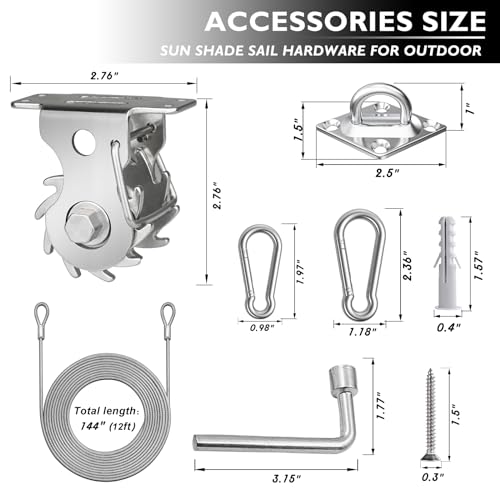 43 Pcs Shade Sail Hardware Kit with Ratchet Winch Wire Tensioner for Rectangle/Triangle Shade Sail Installation, 304 Grade Stainless for Garden, Outdoors (Winch + Hardware Kit + Cables) - size: 43 Pcs Winch Hardware Kits