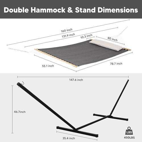 SUNCREAT Hammocks for Outside with Stand, Extra Large Double Hammocks 2 Person Heavy Duty, 450 lbs Capacity, Dark Gray - color: Dark Gray, size: 78.7 x 55.1 in, Hammock with 144 in Stand