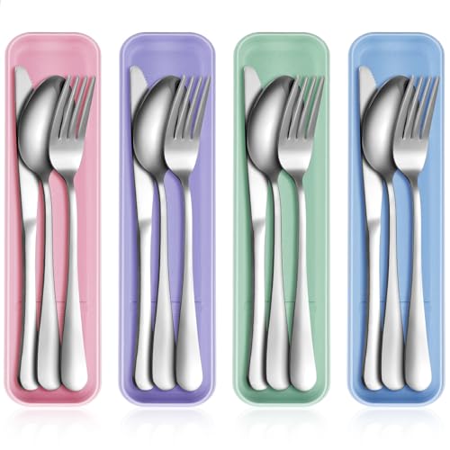 Yinkin 4 Pack Portable Travel Utensils Set with Case Reusable Stainless Steel Silverware Flatware Camping Cutlery Include Fork Spoon Knife for Work School Dishwasher Safe (Purple, Green, Blue, Pink) - color: Purple,Green,Blue,Pink