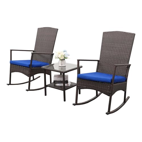 Oasishine Rocking Chair Outdoor 3 Pieces High-Backed Patio Rocking Chairs Bistro Table and Chairs Set of 2, Royal Blue - color: Royal Blue