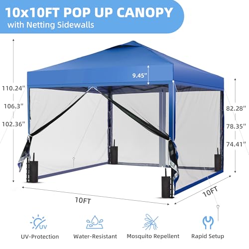 GDY 10x10 Pop up Canopy Tent with Mosquito Netting, Easy up Gazebo for Patio, Camping and Garden, Includes 4 Sandbags, Blue - color: Blue, size: 10x10 with Mosquito Netting