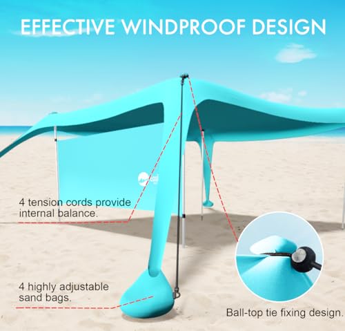 Beach Canopy Tent Shade with Sidewalls 10x10FT, 6.6FT Tall, UPF50+ Sun Shelter, Windproof & Water Resistant, Includes Guylines Sand Shovel Stability Poles, Easy Up for Beach Outdoor Camping Backyard - color: Turquoise