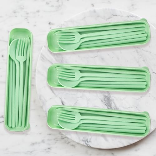 4 Sets Reusable Utensils Set with Case,Camping Cutlery Set Travel Silverware Set with Case Lunch Utensils Set for Work,Utensil Sets for Lunch Picnic Daily Use Outdoor (Lightgreen) - color: Lightgreen