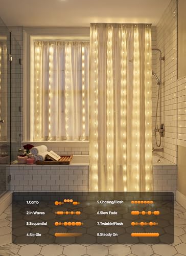 Brightown 180 LED Shower Curtain Lights, 70 Inch Warm White Fairy Lights Battery Operated String Lights, 8 Modes Waterproof Christmas Lights for Indoor Outdoor Decor(No Curtain) - color: Warm White, size: 1 Pack-180 LED