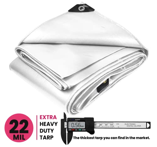 Extreme Heavy Duty 22 Mil Tarp Cover, Waterproof, UV Resistant, Rip and Tear Proof, Poly Tarpaulin with Reinforced Edges for Roof, Camping, Patio, Pool, Boat. (White 6′ X 8′) - color: White, size: 6′ X 8′