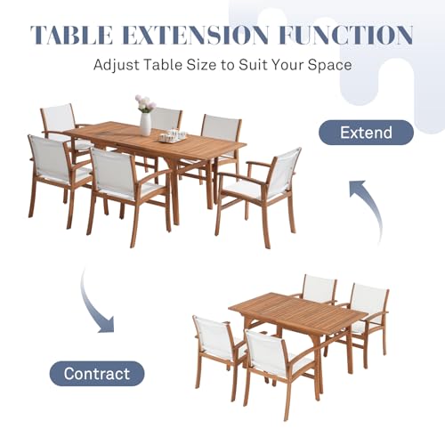 OC Orange-Casual Patio Furniture Set, Acacia Wood Patio Dining Set for 6-8, Outdoor Expandable Table and Chairs Set with Umbrella Hole and Breathable Textilene Fabric for Garden (White, 7 Pieces) - color: White, size: 7 Pieces