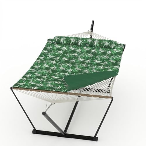 Double Hammock with Stand, Outdoor Quilted Padded Hammock with Heavy Duty Iron Frame, Portable Patio Swing Bed for Backyard Garden, 450 Lbs Capacity,Banana Leaf Green - color: Green With Leaves Pattern