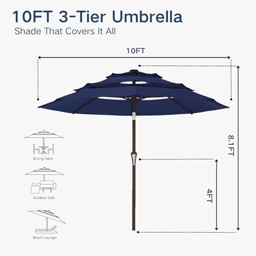 10FT Patio Umbrella 3 Tiers Outdoor Market Umbrella w/Push Button Tilt, Crank, UV and Waterproof Table Umbrella for Garden, Pool, Backyard, Deck, Lawn, Navy Blue - color: Navy Blue