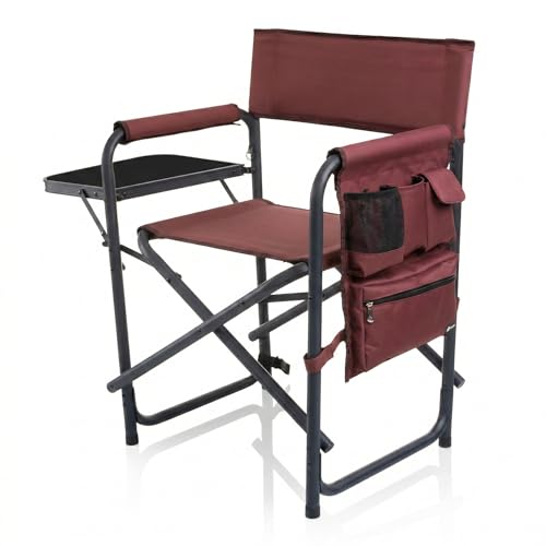 Picnic TIME Sports Chair with Side Table and Armrest Caddy, Lightweight Aluminum Folding Outdoor Camping Chair for Adults, Portable Director Style Lawn Seating with Pockets & Carry Strap, (Burgundy) - color: Burgundy Red