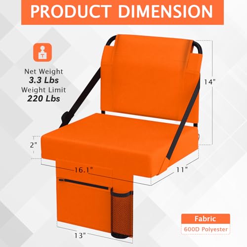 2pcs Stadium Seat for Bleachers with Back Support，Portable Bleacher Chairs with Back and Cushion，Includes Shoulder Strap and Cup Holder - color: Orange,2 Pack