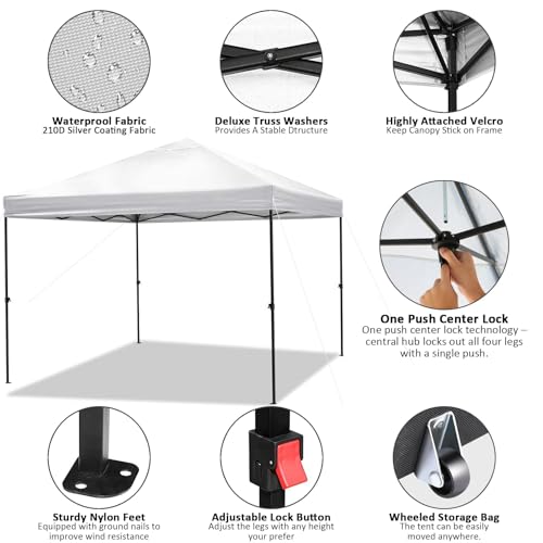 COBIZI Waterproof Stable Winterproof Pavilion with Bag with Wheels,Pop Up Folding Pavilion Party Tent,1 Person Install Sun Protection Garden Pavilion for Beach Wedding Camping - color: White, size: 8×8 （No Walls）