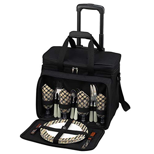 Picnic at Ascot Original Insulated Picnic Cooler with Service for 4 on Wheels-Designed & Assembled in the USA - color: London Plaid