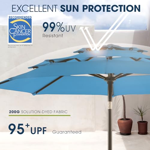 wikiwiki 9ft 3-Tier Patio Umbrella Outdoor Table Market Umbrella for Patio with Push Button Tilt/Crank, Fade Resistant Waterproof POLYESTER Canopy for Garden, Lawn, Deck, Backyard & Pool, Sky Blue - color: Sky Blue, size: 9 FT