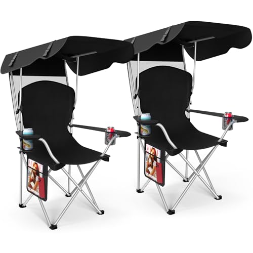 VTOY Portable Camping Chair with Canopy - Folding Chair with Canopy, Durable 600D Oxford Canopy Chair for Camping, Beach, Picnics, Fishing & Sports - color: 2 Pack Black