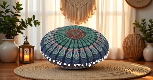 CRAFT KALA Large Hippie Floor Pillow Cover Mandala Meditation Cushion Case Pouf Cover Round Poufs Cover Bohemian Floor Cushion Cover Outdoor Fireplace Yoga Living Room Decor 32" Blue Mirchi - color: Blue Mirchi