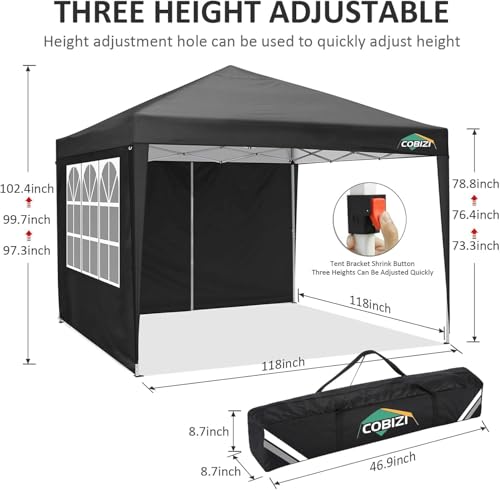 COBIZI 10x10 Pop Up Canopy Tent with 4 Sidewalls Party Tents Waterproof UPF 50+ Commercial Instant Outdoor Events Tent for Parties Markets Backyard, Ropes（10 x 10 ft Black - color: Black, size: 10x10FT with 4 sidewalls