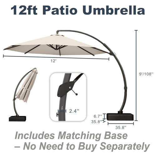 12FT Cantilever Umbrella with Base Large Curvy Outdoor Aluminum Offset Umbrella w/ 360° Rotation, UV Resistant Canopy for Patio, Garden, Backyard, Beige - color: Beige, size: 12FT