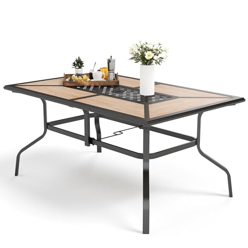 MFSTUDIO Outdoor Patio Dining Table for 6, Rectangular Patio Furniture Table with Metal Frame and Immitation Top, Adjustable Umbrella Hole - color: Brown & Black, size: 61.5" x 38"