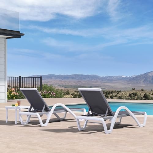 PURPLE LEAF Patio Chaise Lounge Chair Set of 3 Outside Aluminum Plastic Stackable Tanning Chairs with Armrests and Side Table for Pool Sunbathing Beach Deck Outdoor Lounger, Grey - color: Grey, style: 2 chairs(w/Arms) + 1 table