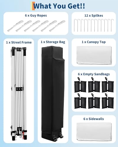 10X20 Pop Up Canopy Tent with 6 Sidewalls – Heavy Duty Commercial Instant Shelter, One-Person Quick Setup Outdoor Party Tent, Water-Resistant & Portable, White - color: White