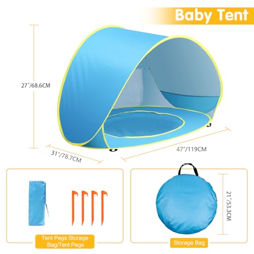 Baby Beach Tent with Pool, Pop Up Sun Shelter UPF 50+ UV Protection for Infant Toddlers, Portable Shade Tent with Carry Bag for Beach Outdoor Travel - color: Blue