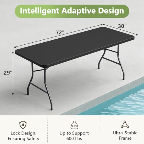 6ft Folding Table, Heavy Duty Plastic Card Table with Foldable Steel Legs, Metal Frame Support up to 600 lb, Portable for Indoor, Outdoor, Picnic, Camping, Dining, Party, Black - color: Black, size: 6FT