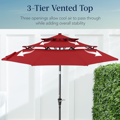 Best Choice Products 10ft 3-Tier Market Patio Umbrella, Outdoor Sun Shade with Tilt, Crank Lift, 8 Ribs for Backyard, Deck, Poolside - color: Red