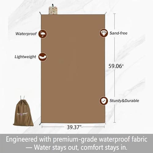 Picnic Blanket Waterproof – Packable Sand Proof Beach Blanket (0.42lb/0.66lb), Compact & Foldable, Fits in Pocket with Integrated Stakes, Ideal for Camping, Hiking, Travel, Concert, Festival - size: Coffee Puppy 59.06" x 39.37" for 1-2 persons