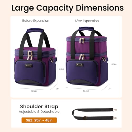 LOVEVOOK Insulated Lunch Bag For Women Men,Expandable Double Deck Lunch Box With Large Cup Holder,Leakproof Cooler Bag For Adult Lunch Tote Bag Work Picnic Beach with Adjustable Shoulder Strap Gift - color: Purple with Black, size: Large —15l